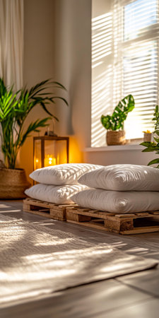 This relaxing corner features soft cushions resting on a wooden pallet, surrounded by vibrant plants and warm lighting, creating a serene atmosphere.の素材