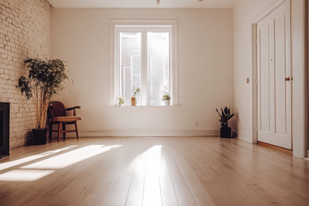 Sunlight pours into the spacious living room, highlighting the natural wood floor and green plants arranged by the window, creating a welcoming and serene atmosphere.の素材