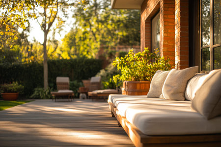 A cozy outdoor seating area features plush cushions on a wooden deck, surrounded by vibrant greenery. The warm glow of early evening sun enhances the inviting atmosphere.の素材