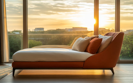 A sleek orange chaise lounge positioned near large windows showcases a stunning sunset, casting soft light across the room and highlighting the city skyline.の素材