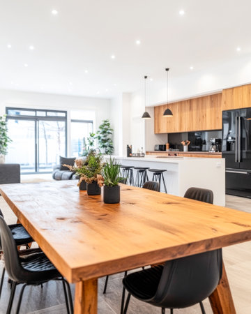 Natural light floods the contemporary kitchen and dining area, featuring a large wooden table surrounded by stylish chairs and vibrant green plants.の素材