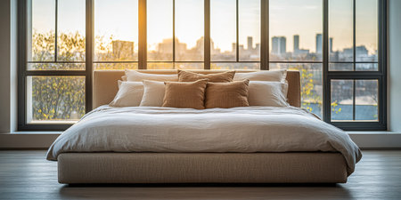A spacious bedroom featuring a large bed adorned with pillows. The window showcases a beautiful sunset, illuminating the city skyline and creating a serene atmosphere.の素材