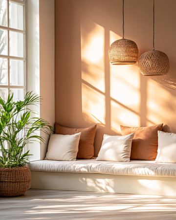 A relaxed seating area is bathed in warm sunlight with soft pillows on a low bench beside a vibrant green plant. The woven light fixtures add a cozy touch.の素材