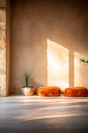 Two orange cushions are placed against a textured wall, with a potted plant nearby. Sunlight casts gentle shadows, creating a warm and inviting atmosphere.の素材