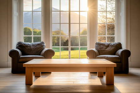 A cozy living room features two leather chairs and a wooden coffee table. Large windows highlight a stunning sunset over rolling mountains and green fields outside.の素材