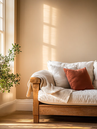 Sunlight brightens a cozy living room corner where a white sofa adorned with a warm pillow and a soft throw is complemented by a potted plant nearby.の素材