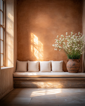 Sunlight streams through large windows, illuminating a tranquil seating area dressed in neutral colors. A vase filled with flowers adds a fresh touch to the cozy nook.の素材