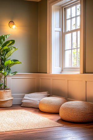 A peaceful indoor corner features woven poufs on a wooden floor, complemented by a plant and soft natural light filtering through a window.の素材