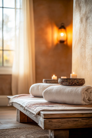 Soft light illuminates a peaceful wellness area, where neatly rolled towels are placed alongside flickering candles, creating a soothing atmosphere for relaxation.の素材
