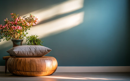 A stylish living area features a round wooden ottoman topped with a cushion, complemented by a decorative vase of colorful flowers and greenery, illuminated by warm afternoon light.の素材
