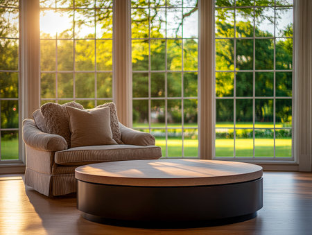 A plush armchair with decorative pillows sits by large windows, allowing warm sunlight to illuminate a tranquil garden view just outside.の素材