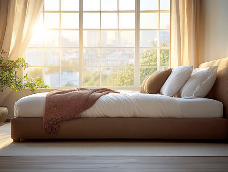 Soft sunlight fills the cozy bedroom, highlighting a minimalist bed adorned with plush pillows and a warm blanket, promoting a serene morning feel.の素材