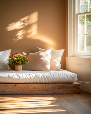 A sunlit corner features a comfortable seating area with soft pillows and a charming flower arrangement, creating a warm and inviting atmosphere.の素材