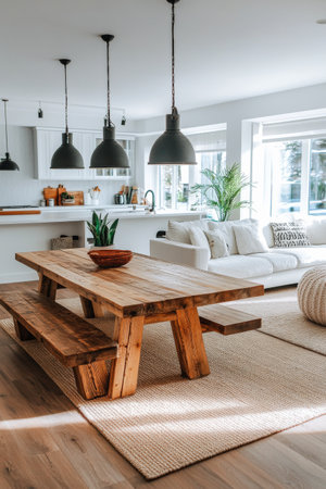 A large, rustic wooden dining table is set in a bright living room featuring a comfortable sofa, stylish decor, and ample natural light streaming through the windows.の素材