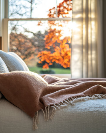 A soft blanket drapes over a bed as warm autumn sunlight filters through the window, highlighting the tranquil bedroom atmosphere with a view of orange leaves.の素材
