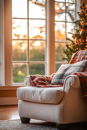 A comfortable armchair adorned with a plaid throw and cushion sits beside a large window, capturing soft evening light and a decorated Christmas tree nearby.の素材