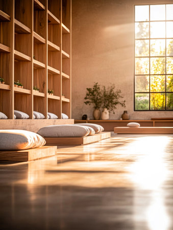 A spacious meditation area features wooden shelves lined with cushions, bathed in warm sunlight. The tranquil environment promotes relaxation and mindfulness.の素材