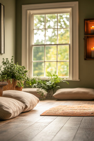 A tranquil indoor area featuring soft cushions on the floor, lush potted plants, and warm sunlight streaming through a large window, creating a serene atmosphere.の素材