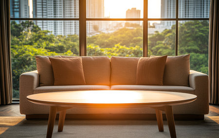 In a modern living room, a comfortable sofa and wooden coffee table bask in the warm glow of the setting sun, overlooking a vibrant city skyline and lush greenery outside.の素材