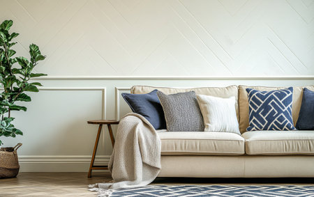 A comfortable living area showcases a light-colored sofa adorned with various pillows, accompanied by a stylish plant and a chic rug, creating a tranquil atmosphere.の素材