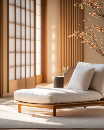 The cozy living room showcases a minimalist chaise lounge, soft cushions, and a flowering branch, all bathed in warm afternoon light from large windows.の素材