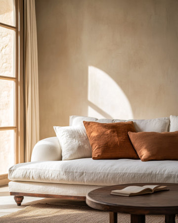 A tranquil living space features a white sofa with brown cushions, bathed in warm natural light from a nearby window. A wooden table sits nearby, enhancing the calm atmosphere.の素材