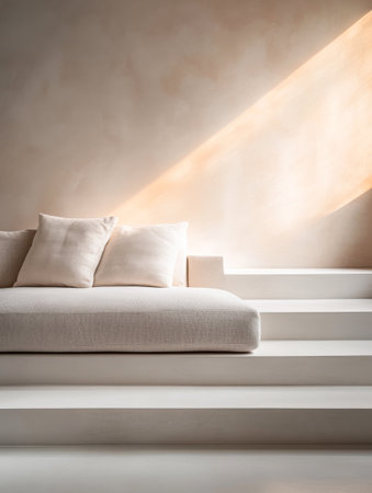 A cozy living area features a light-colored sofa adorned with cushions, surrounded by subtle architectural elements, with warm sunlight enhancing the ambiance.の素材