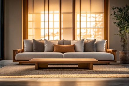 A modern living room features a light-colored sofa adorned with cushions, a sleek wooden coffee table, and ambient sunlight streaming through large windows.の素材
