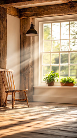 Soft rays of sunlight fill a cozy room, casting shadows on warm wooden floors. A simple wooden chair stands beside a large window adorned with potted plants, creating a tranquil atmosphere.の素材