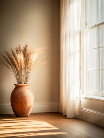 Sunlight pours through a large window, illuminating a ceramic vase filled with dried grasses. The soft curtains add a warm touch to this cozy indoor corner.の素材