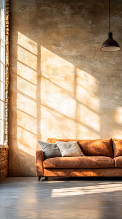 A warm, inviting brown sofa adorned with cushions rests against a textured wall, bathed in natural light from large windows during the golden hour.の素材