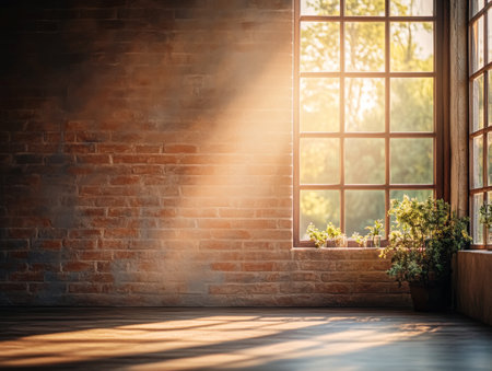 Sunlight filters through a large window, illuminating a rustic interior with brick walls and wooden flooring. A potted plant adds a touch of nature to the tranquil space.の素材