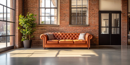 A charming living area showcases a brown leather Chesterfield sofa with pillows, brightened by large windows revealing second-hand plants and industrial decor.の素材
