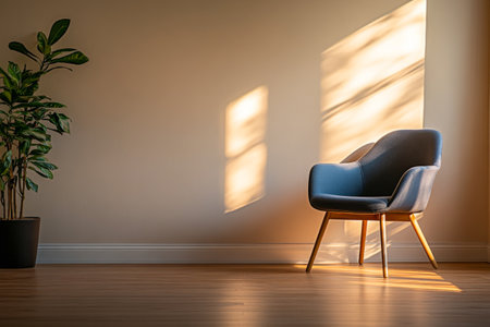 Sunlight filters through a window, casting warm light on a modern blue armchair beside a green potted plant in a minimalist room.の素材