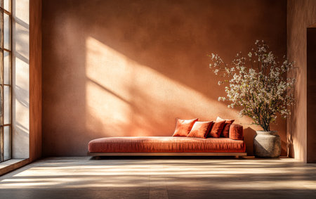 A stylish room features a long reddish sofa adorned with plush cushions, illuminated by warm afternoon light streaming through large windows, complemented by a chic floral arrangement.の素材