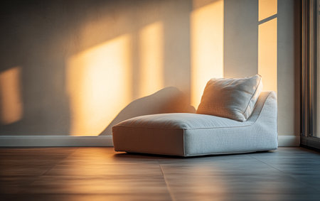 A plush corner chair sits invitingly in a stylish room illuminated by warm evening light, casting soft shadows on a smooth floor, creating a tranquil atmosphere.の素材