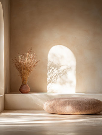 A tranquil space features a round cushion and a vase of dried flowers, illuminated by soft sunlight filtering through an arched window. The atmosphere feels warm and inviting.の素材