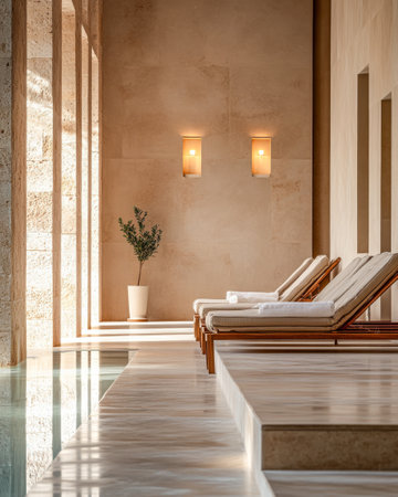 The spa area features modern lounge chairs next to a reflective pool, bathed in natural light, offering a peaceful and relaxing atmosphere.の素材