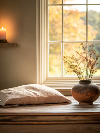 A soft cushion rests on a wooden surface beside an earthen pot filled with delicate flowers, illuminated by candlelight as warm autumn colors filter through a window.の素材
