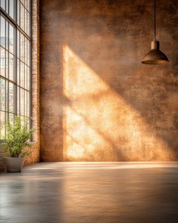 Sunlight pours through expansive windows, illuminating a rustic wall in a minimalistic indoor area. A solitary potted plant adds a touch of greenery to the warm atmosphere.の素材