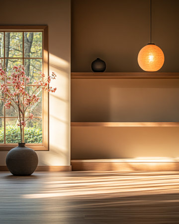 Sunlight streams through a large window, casting soft shadows on a minimalist room featuring a vase of blossoms and a warm hanging light.の素材