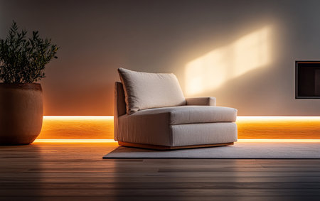 The interior features a stylish armchair placed beside a large potted plant, with warm light casting soft shadows on the wooden floor in the afternoon.の素材