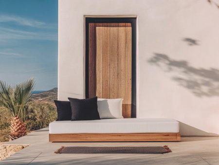 A cozy outdoor seating area features a spacious bench with cushions, complimented by a wooden door. The scenic coastal landscape offers a breathtaking backdrop under clear skies.の素材