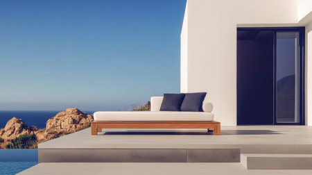 A contemporary lounge area features a sleek outdoor sofa, positioned on a terrace overlooking a stunning ocean view under clear blue skies.の素材