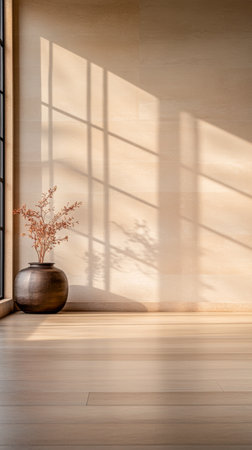 Soft afternoon light pours through large windows, casting beautiful shadows on a warm wooden floor. A simple vase with dried flowers adds a touch of elegance to the tranquil space.の素材