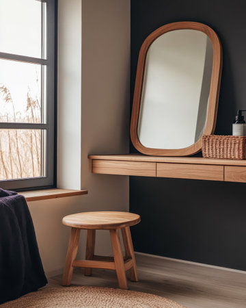 A beautifully designed wooden vanity features a round mirror and a wicker basket, creating a tranquil feeling in a softly lit room with natural elements.の素材