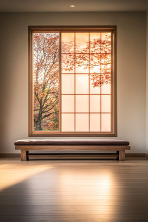 A cozy interior features a wooden bench beside a large window, showcasing vibrant autumn trees bathed in warm afternoon light, creating a peaceful atmosphere.の素材