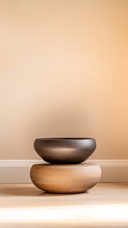 Two beautifully crafted bowls, one dark and one light, sit harmoniously stacked atop each other on a wooden surface, creating a serene and modern aesthetic in a cozy space.の素材