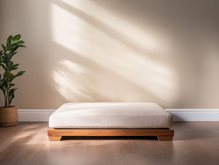 In a calm and minimalist setting, a soft cushion rests on a wooden platform while gentle shadows stretch across a polished floor, accompanied by a leafy potted plant nearby.の素材