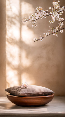 A soft, textured cushion sits on a wooden surface illuminated by warm sunlight, surrounded by delicate branches of white blossoms creating a tranquil atmosphere.の素材